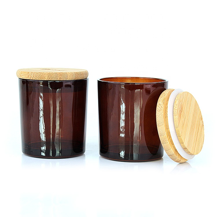 wholesale eco-fiendly amber 8oz glass candle jar with wooden lid