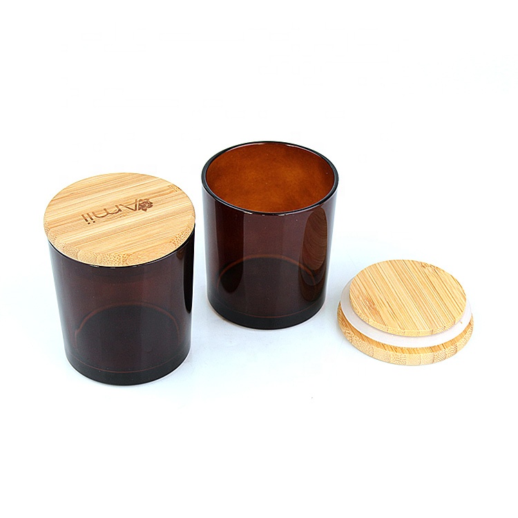 wholesale eco-fiendly amber 8oz glass candle jar with wooden lid