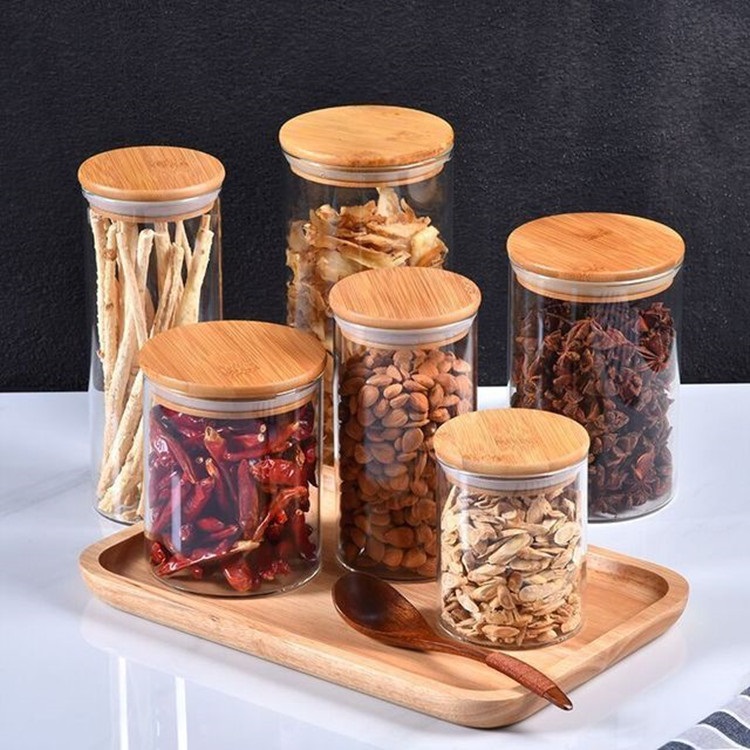 wholesale eco friendly custom high borosilicate large glass food storage bottle container jar set with bamboo lids