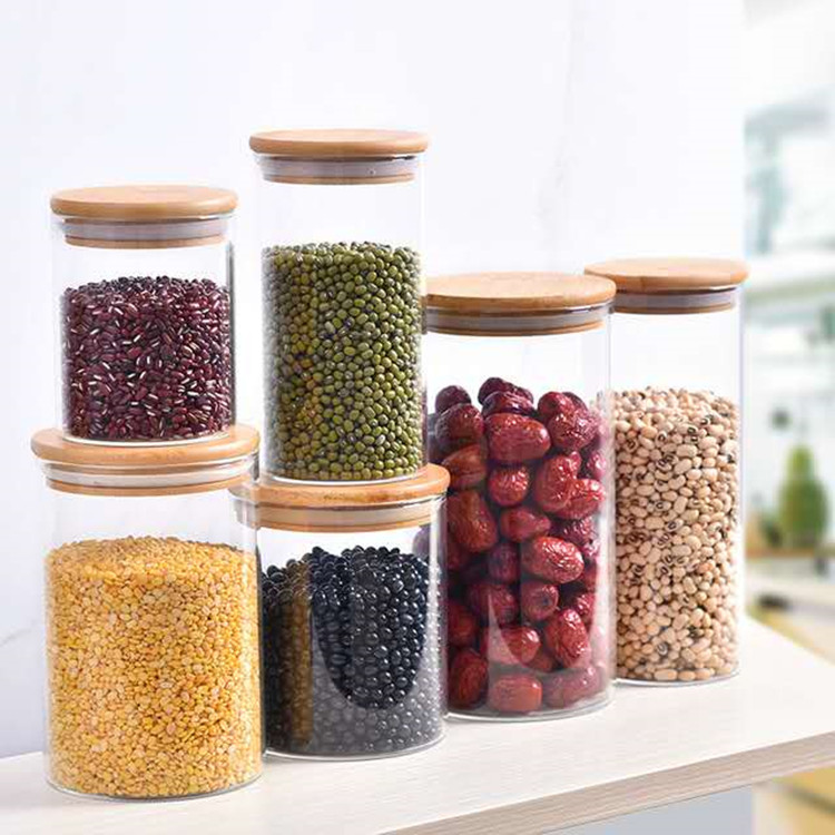 wholesale eco friendly custom high borosilicate large glass food storage bottle container jar set with bamboo lids