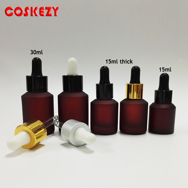 wholesale empty 15ml rose red frosted round glass essential oil dropper bottle,15 ml glass dropper container for essential oil