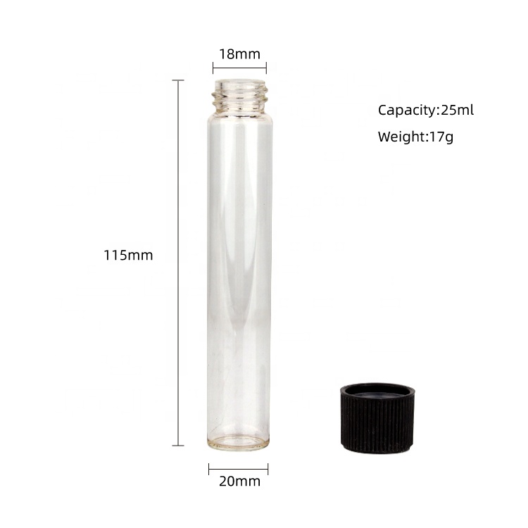 wholesale empty 20ml clear glass herbs pill infusion tube CR black lid