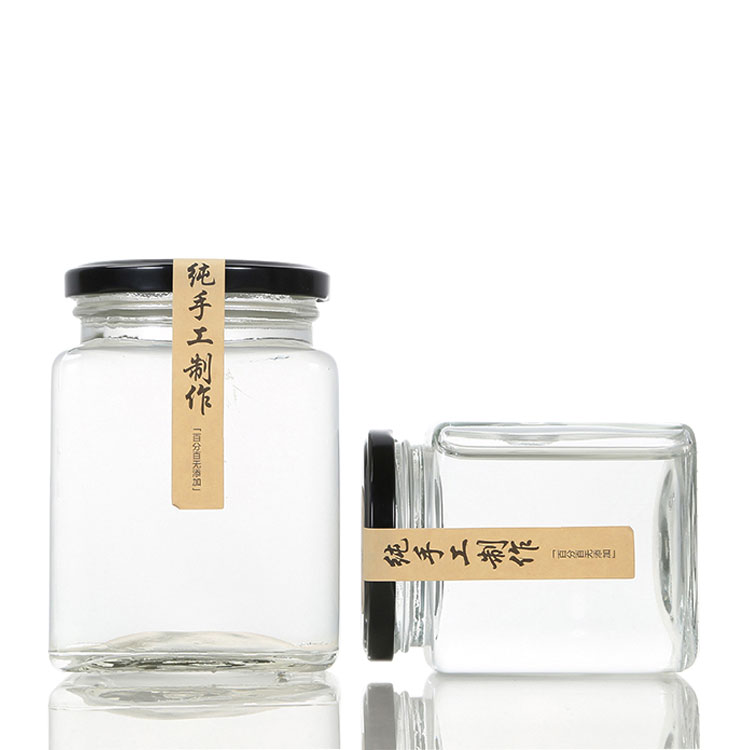 wholesale empty clear square food storage jar honey jam glass jars in bulk with metal lid