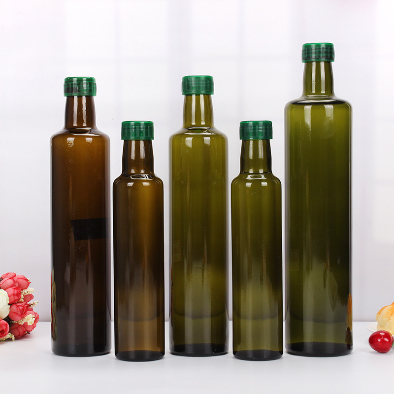 wholesale empty round 250ml 500ml 750ml olive oil glass bottle olive green cheap custom print sauce oil glass bottle in bulk