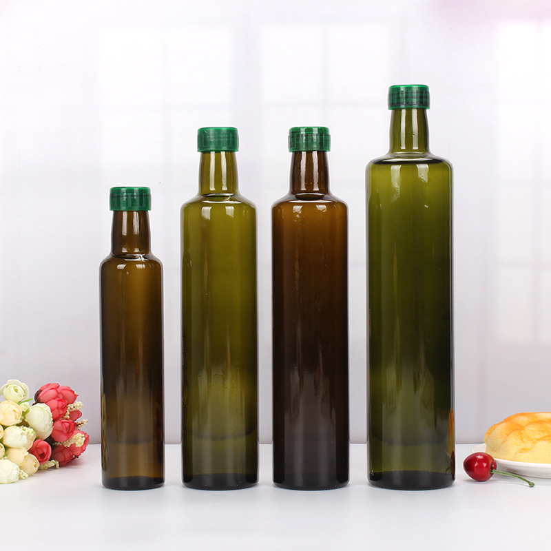 wholesale empty round 250ml 500ml 750ml olive oil glass bottle olive green cheap custom print sauce oil glass bottle in bulk