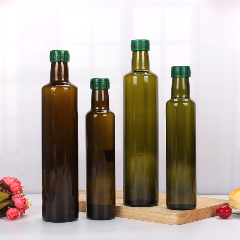 wholesale empty round 250ml 500ml 750ml olive oil glass bottle olive green cheap custom print sauce oil glass bottle in bulk