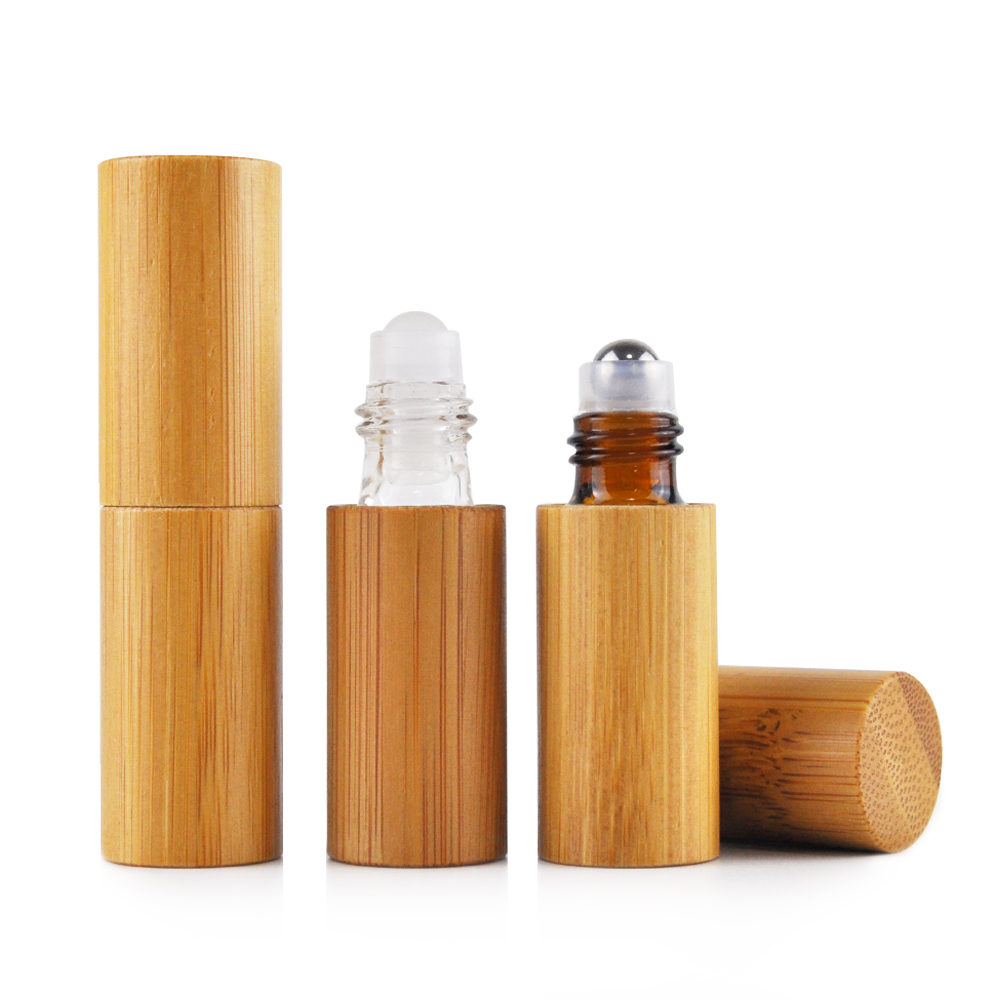 wholesale essential oil perfume mini sample roller glass bottle 5ml 10ml  bamboo packaging  metal ball