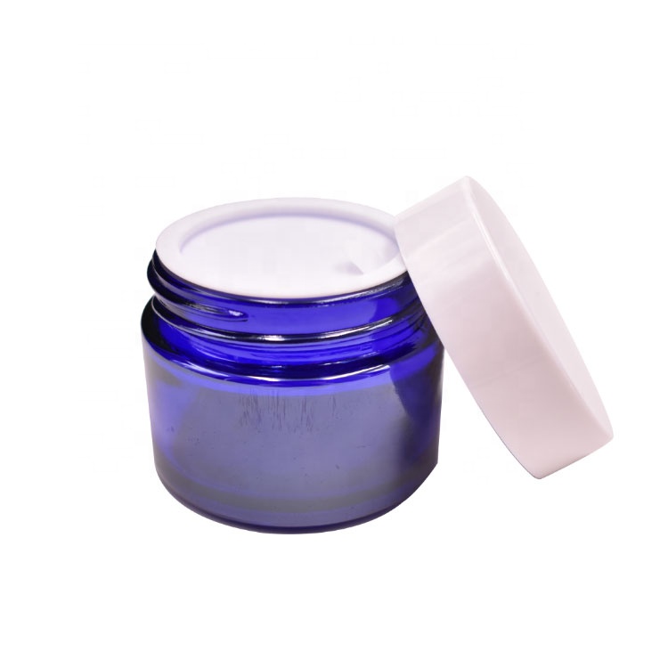wholesale fashion skin care facial cream empty round 20g 30g 50g straight blue glass jar cosmetic with lid