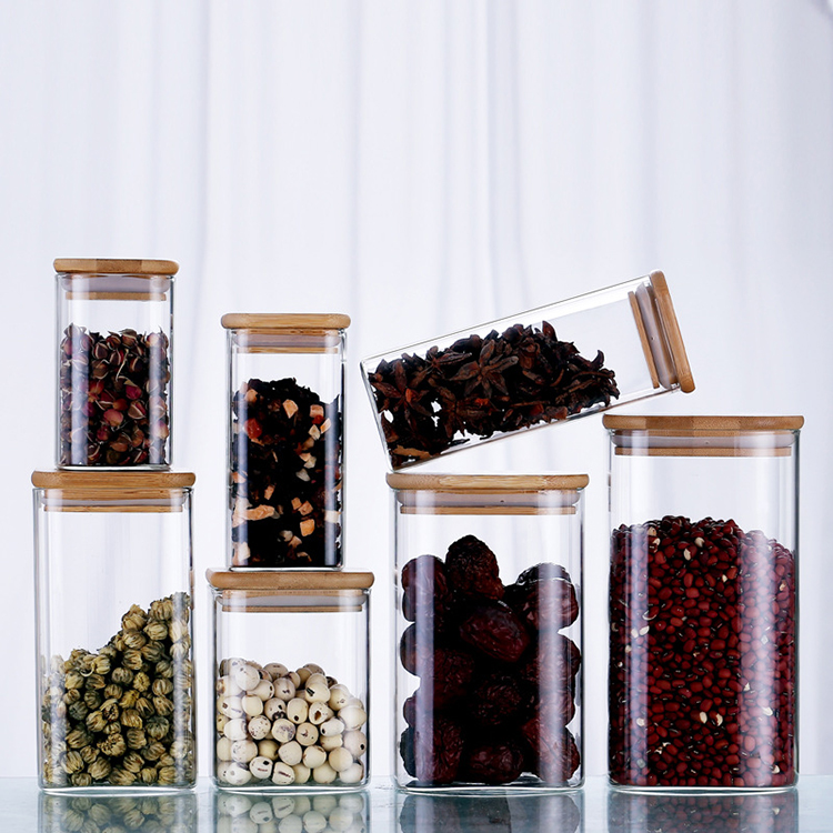 wholesale food storage square glass jars containers with bamboo lid