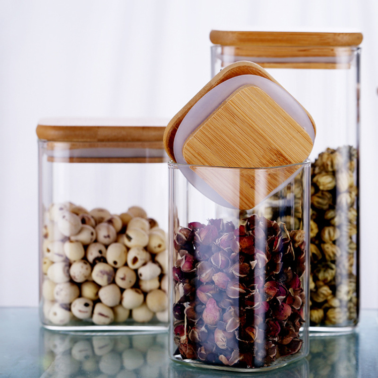 wholesale food storage square glass jars containers with bamboo lid