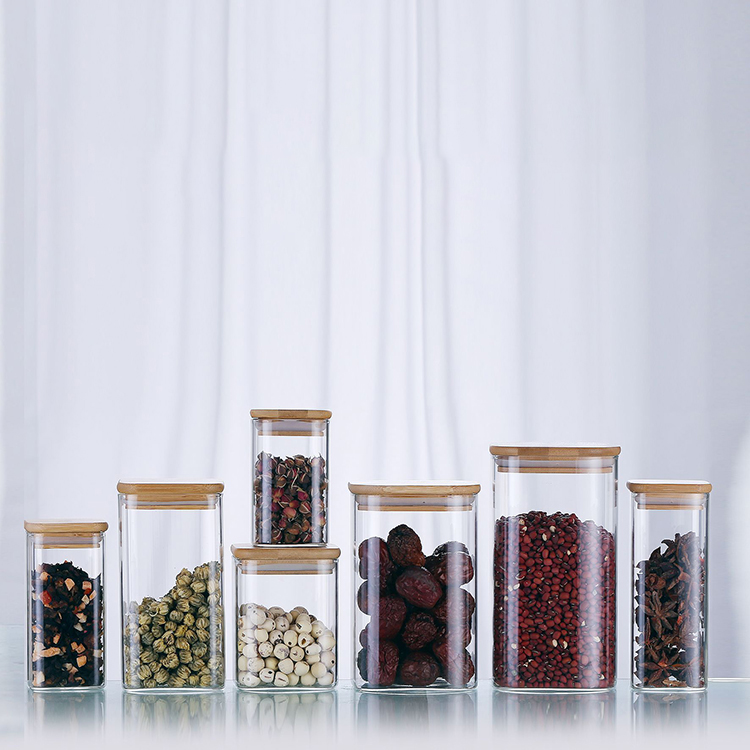 wholesale food storage square glass jars containers with bamboo lid