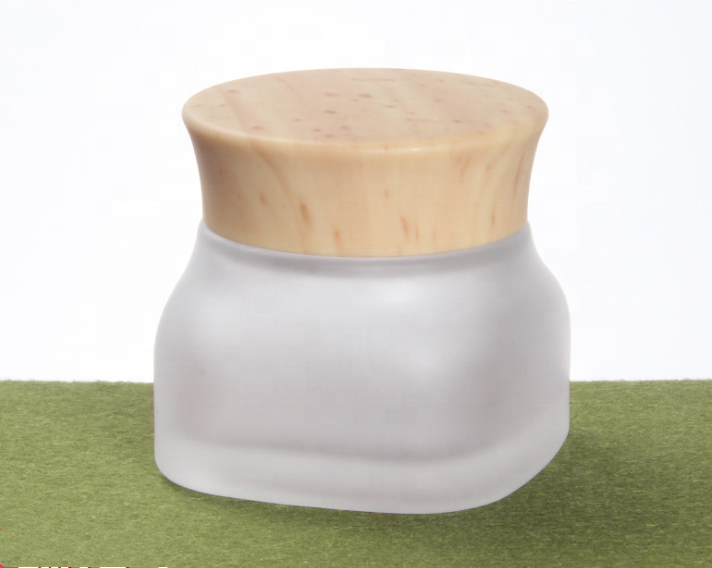 wholesale frosted glass cream jar cosmetic jar with bamboo lid 50g