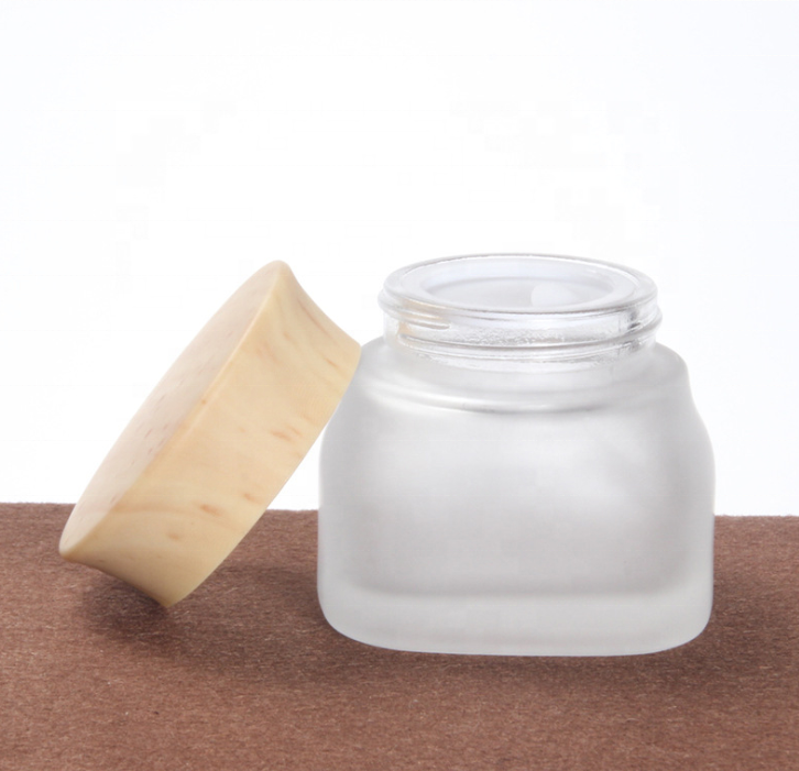wholesale frosted glass cream jar cosmetic jar with bamboo lid 50g