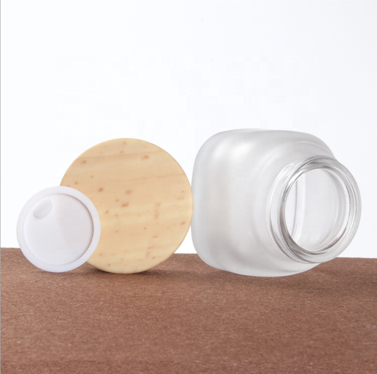 wholesale frosted glass cream jar cosmetic jar with bamboo lid 50g