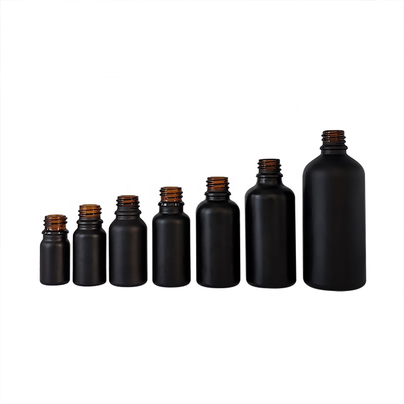 wholesale glass bottle cosmetic packaging 5ml 15ml 30ml 50ml black frosted essential oil glass bamboo dropper bottle