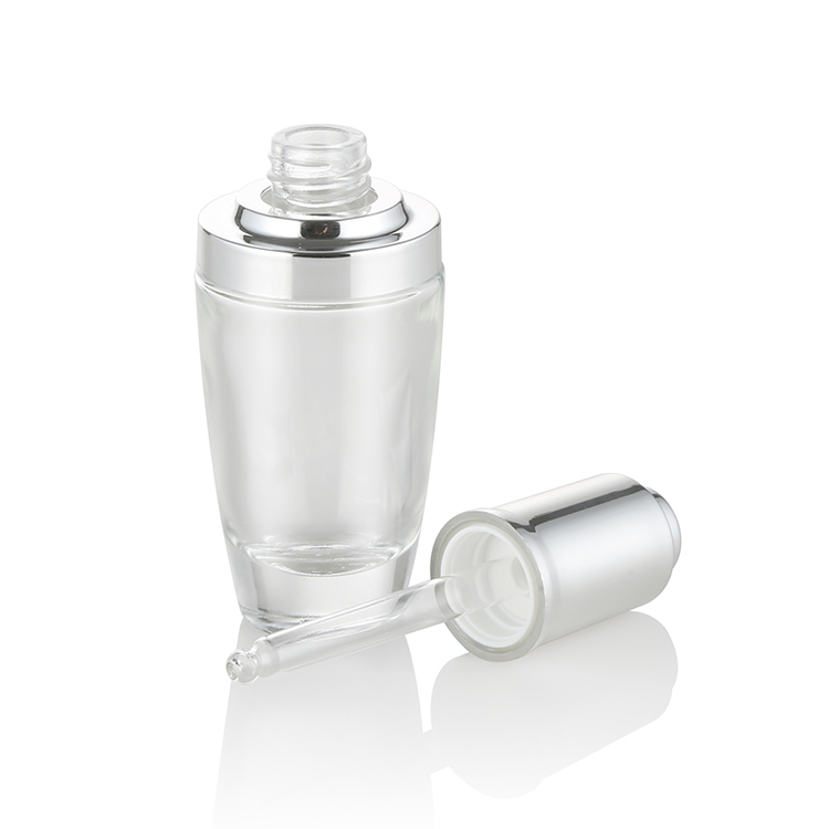wholesale glass bottles 30ml clear essential oil pippette  dropper  bottle with silver UV dropper  press pump drop