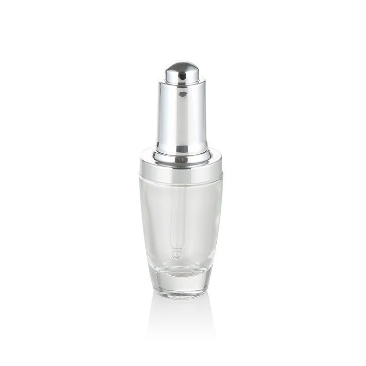 wholesale glass bottles 30ml clear essential oil pippette dropper bottle with silver UV dropper press pump drop
