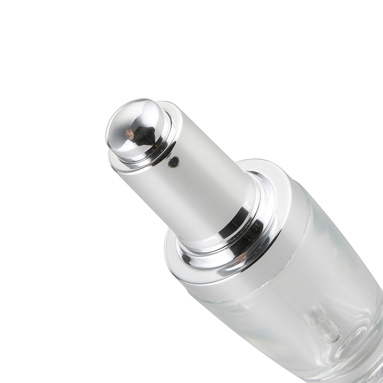 wholesale glass bottles 30ml clear essential oil pippette dropper bottle with silver UV dropper press pump drop