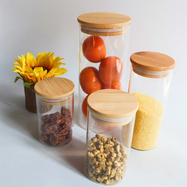 wholesale glass jars with bamboo lid borosilicate bottle Container 250ml in bulk storage small spice food airtight glass jar