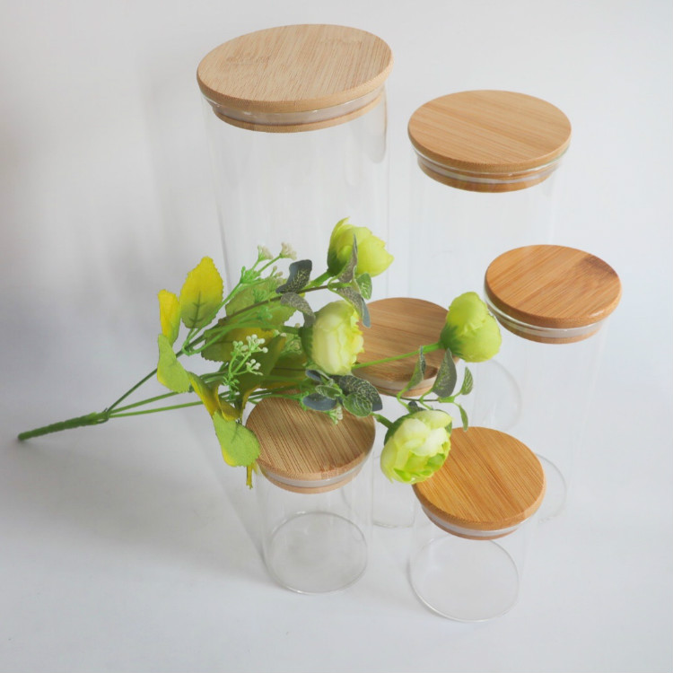 wholesale glass jars with bamboo lid borosilicate bottle Container 250ml in bulk storage small spice food airtight glass jar