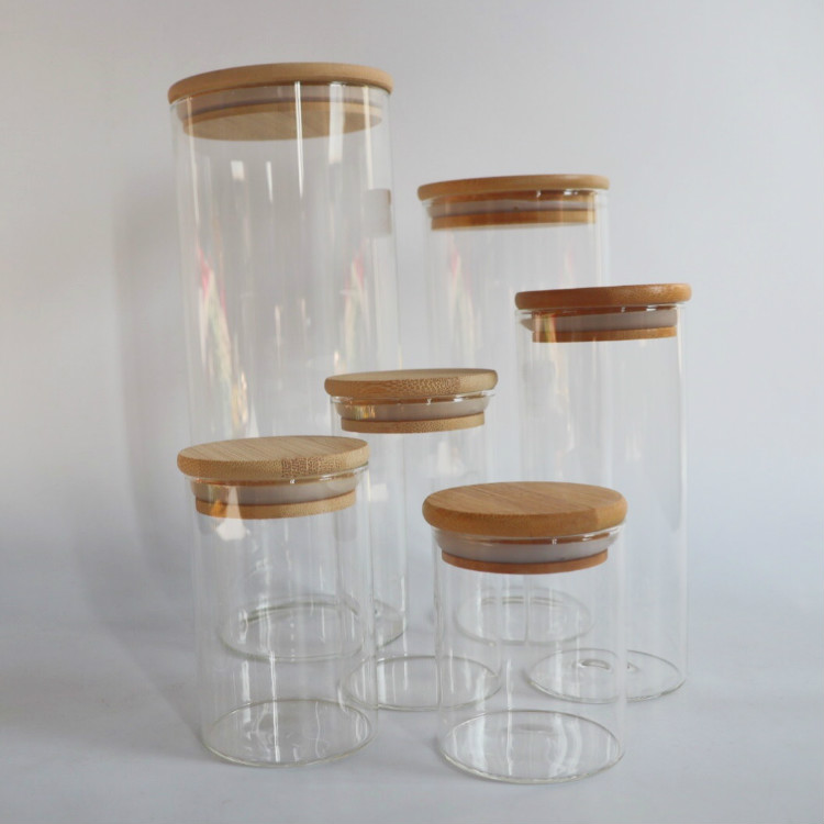 wholesale glass jars with bamboo lid borosilicate bottle Container 250ml in bulk storage small spice food airtight glass jar