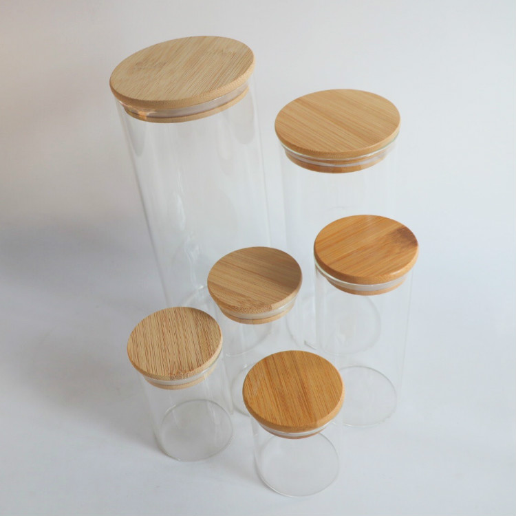 wholesale glass jars with bamboo lid borosilicate bottle Container 250ml in bulk storage small spice food airtight glass jar
