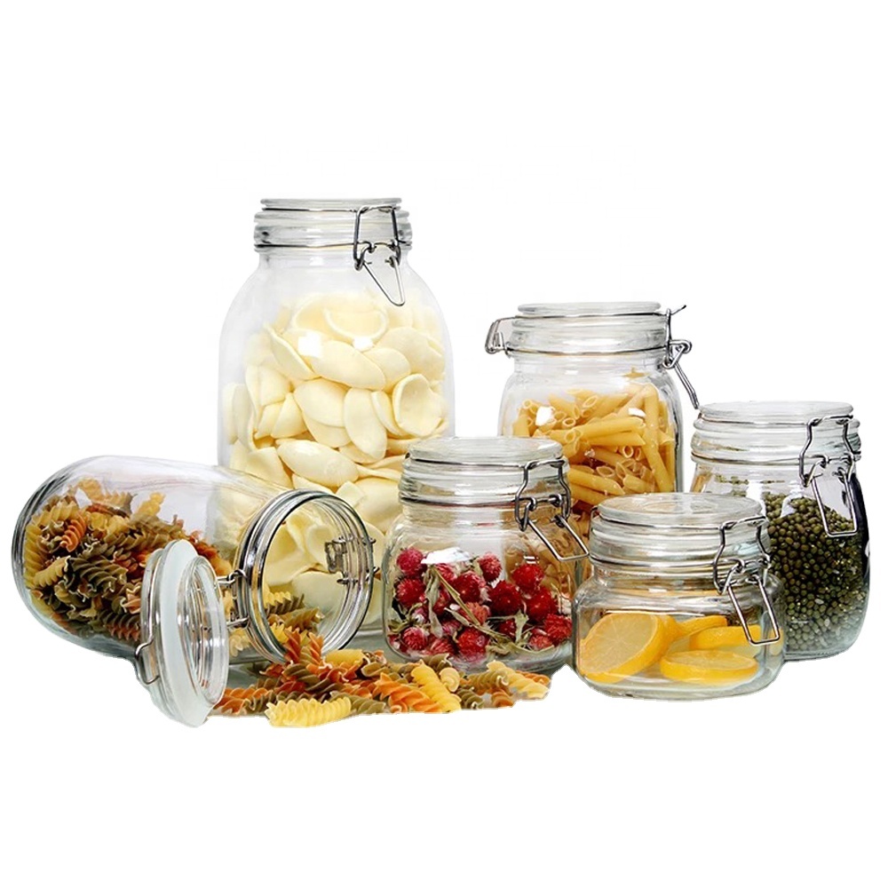 wholesale glass storage jar with clip glass canister with glass lid