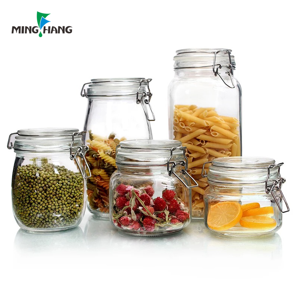 wholesale glass storage jar with clip glass canister with glass lid