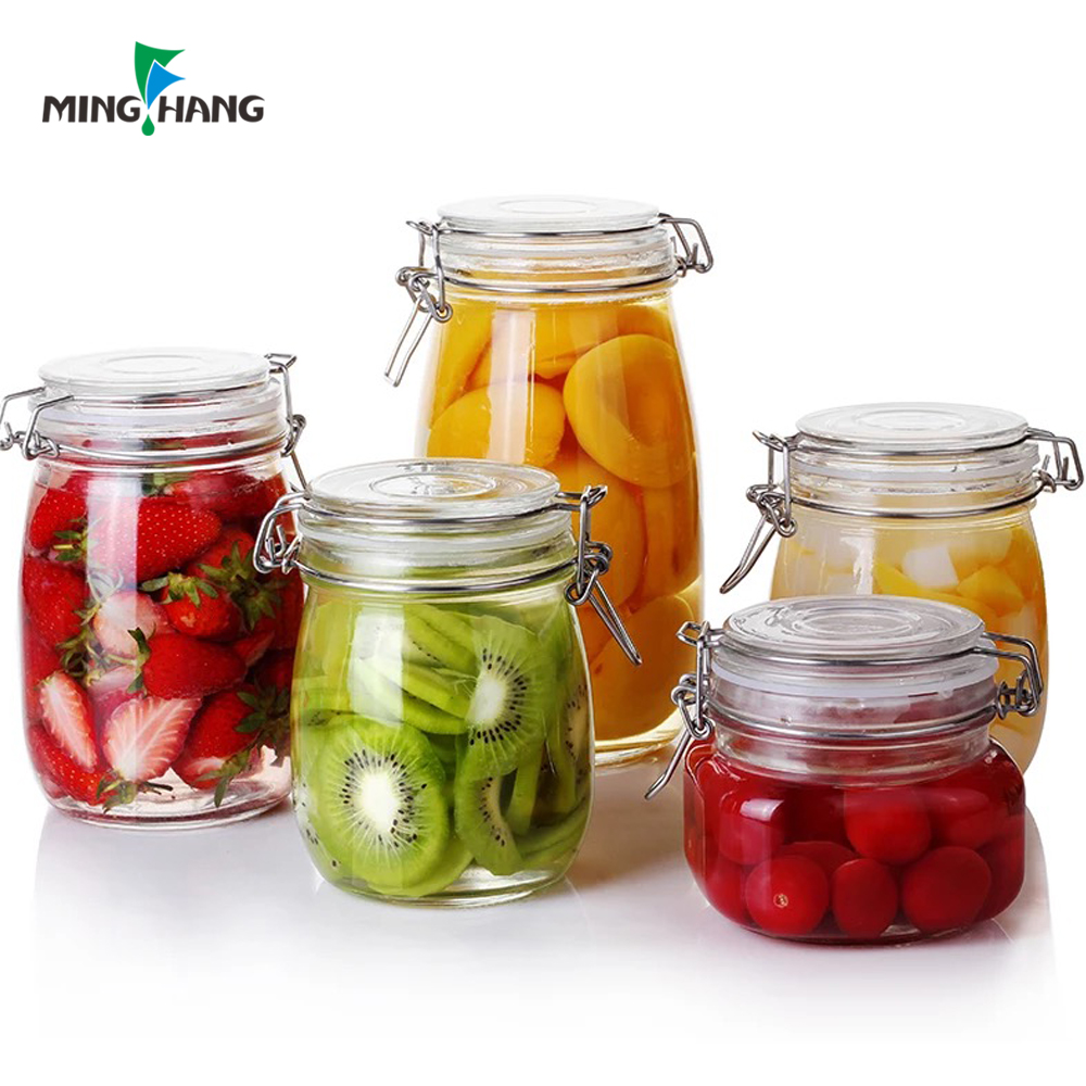 wholesale glass storage jar with clip glass canister with glass lid
