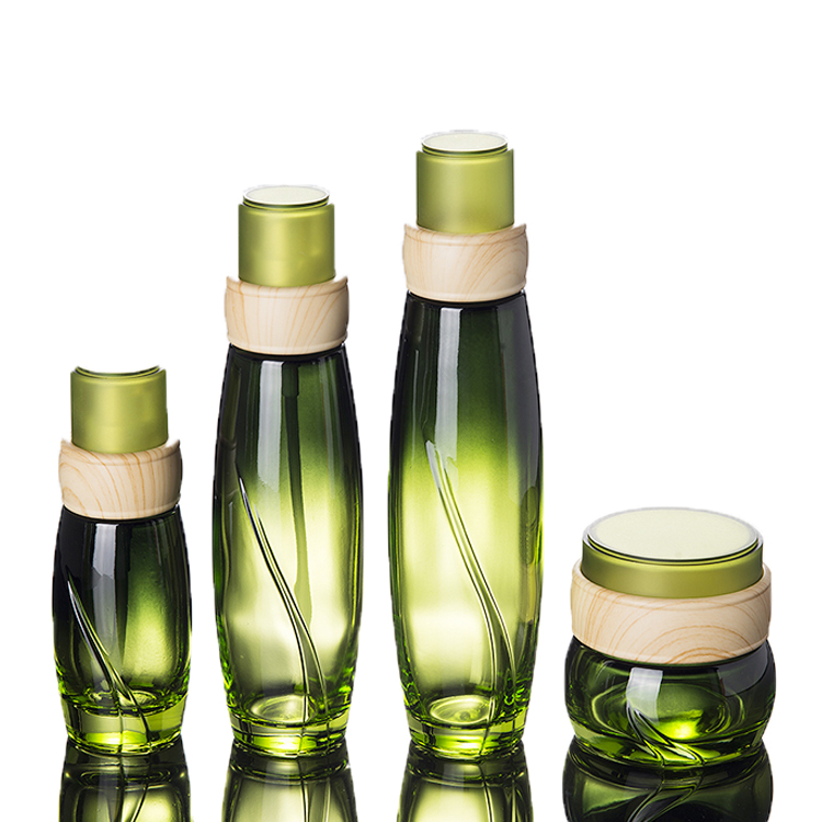 wholesale green packaging container 50G 40ml 100ml 120ml lotion glass bottles for cosmetics