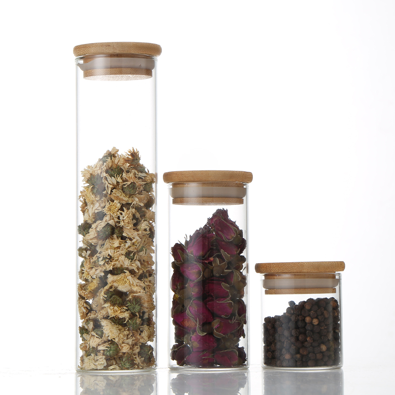 wholesale high borosilicate glass container cooking oil tube butter jar medicine bottle cosmetic jar bamboo cover