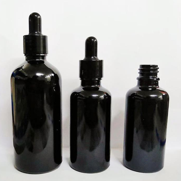 wholesale high quality empty black glass boston dropper bottles with black cap for essential oils