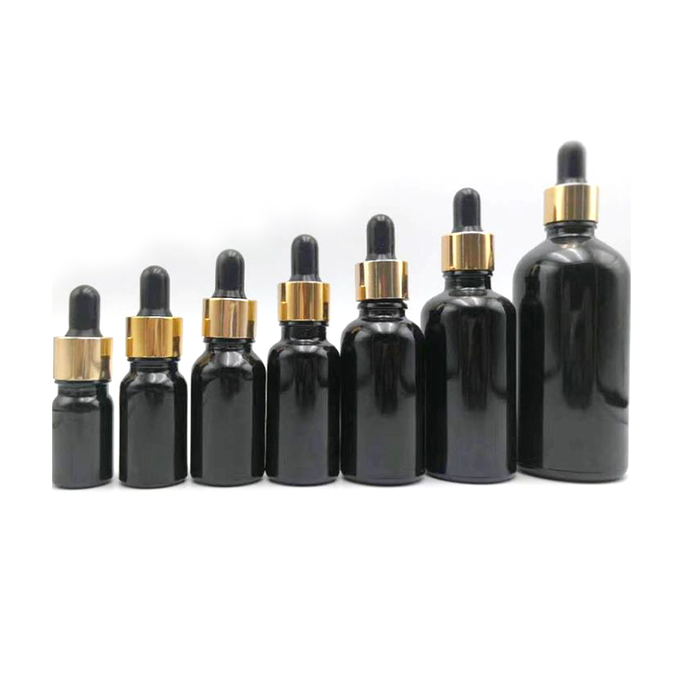 wholesale high quality empty black glass boston dropper bottles with black cap for essential oils