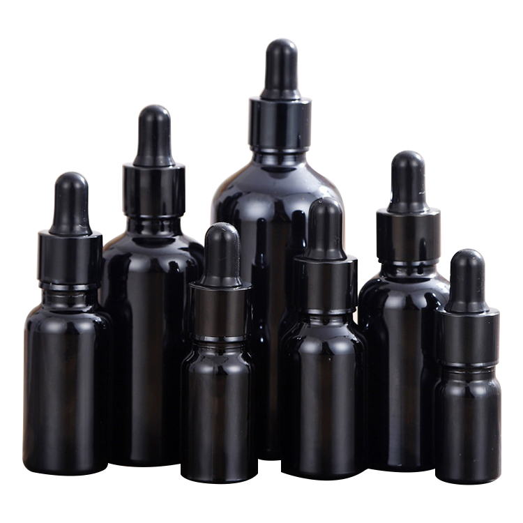 wholesale high quality empty black glass boston dropper bottles with black cap for essential oils