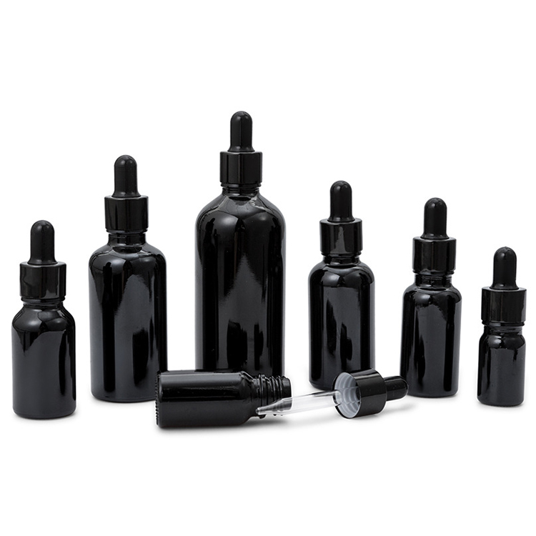 wholesale high quality empty black glass boston dropper bottles with black cap for essential oils