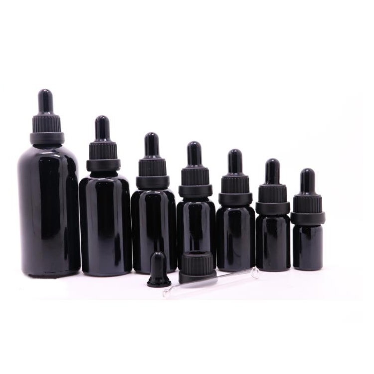 wholesale high quality empty black glass boston dropper bottles with black cap for essential oils