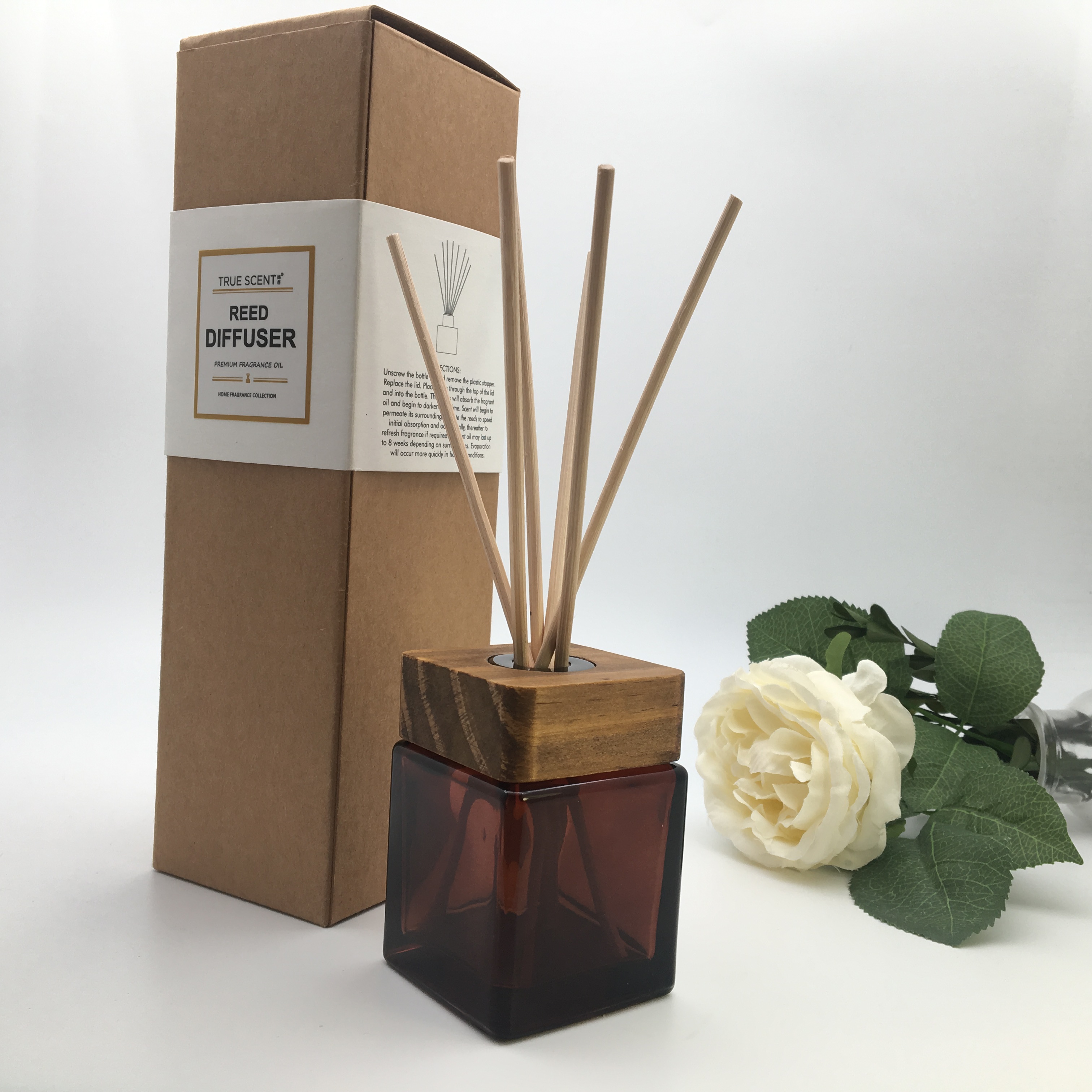 wholesale in stock 100ml reed diffuser air freshener amber bottle with gift-box and wood top XHRD-003-1