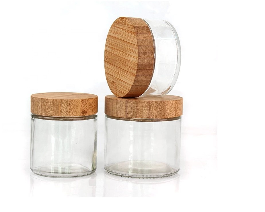 wholesale kitchen clear 14oz 420ml round spice glass storage jar container with bambo lid