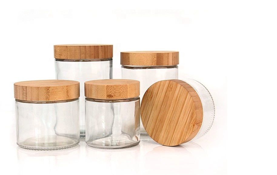 wholesale kitchen clear 14oz 420ml round spice glass storage jar container with bambo lid