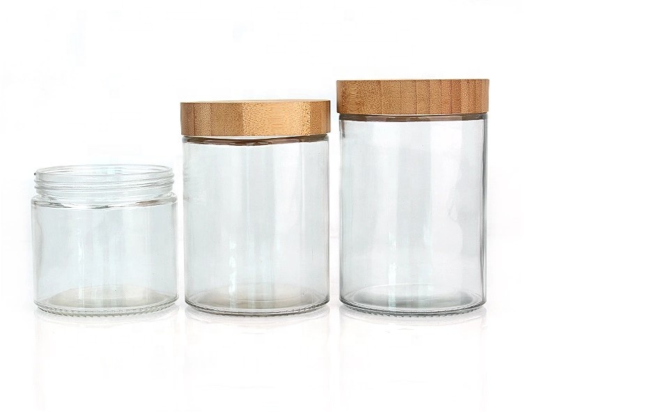 wholesale kitchen clear 14oz 420ml round spice glass storage jar container with bambo lid
