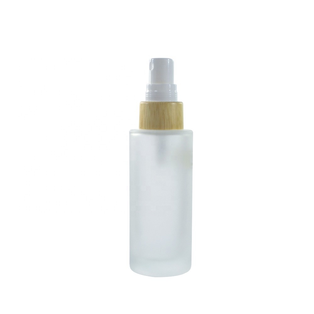 wholesale luxury 30ml 50ml 100ml 120ml 150ml flat frosted clear glass bottle with bamboo spray cap