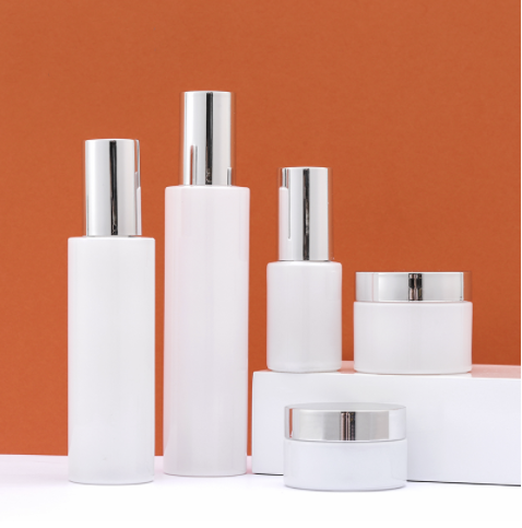 wholesale luxury cosmetic packaging containers white glass toner 30g 50g 30ml 100ml 120ml cream jar and lotion pump bottle