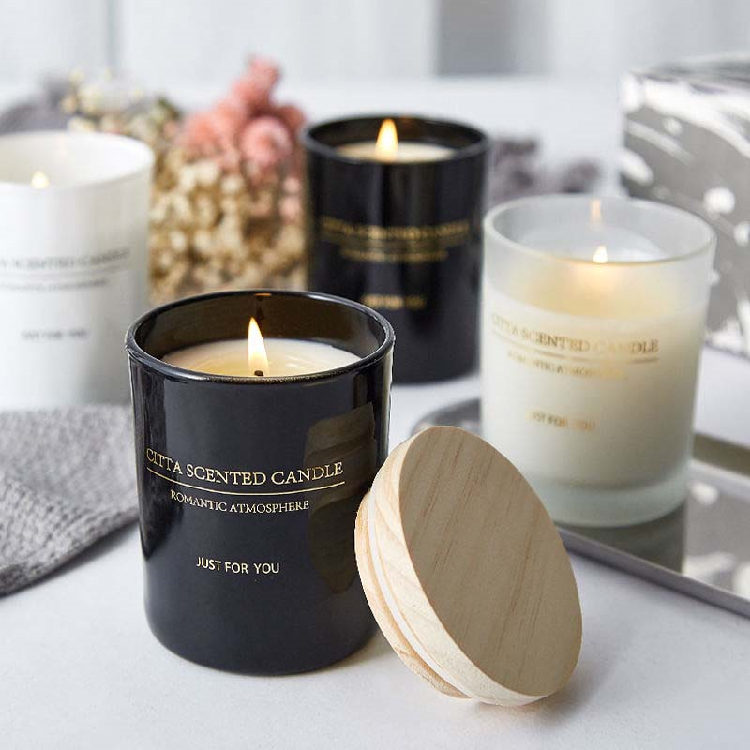 wholesale luxury custom empty matte black candle holder metal frosted glass candle jars with wooden lids in bulk