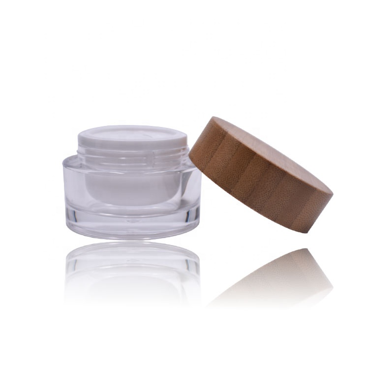 wholesale luxury round double wall container, cosmetics cream 15g 30g 50g acrylic jar with bamboo lid
