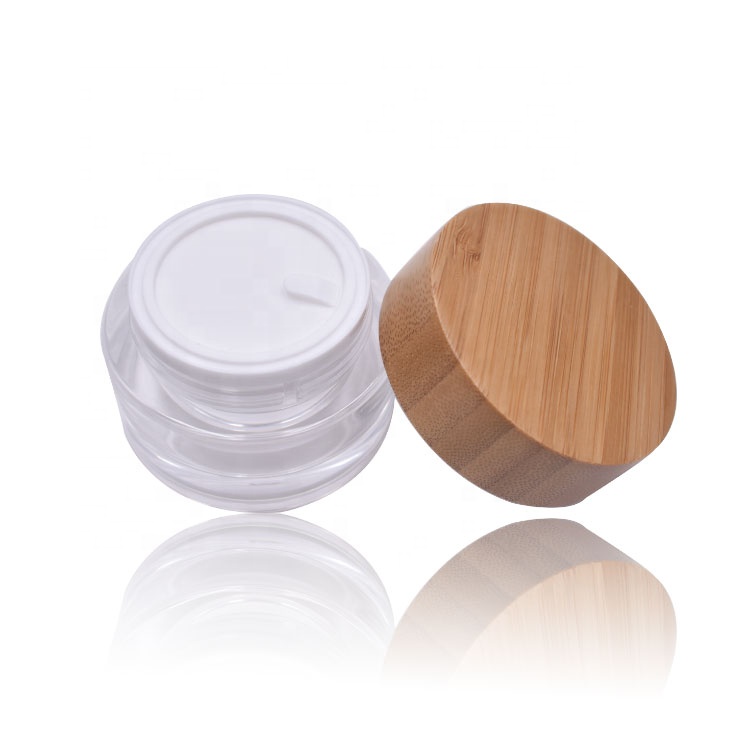 wholesale luxury round double wall container, cosmetics cream 15g 30g 50g acrylic jar with bamboo lid