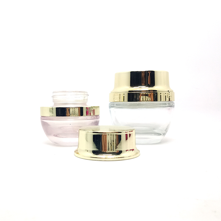 wholesale packaging 20g 30g 50g clear lotion glass jar with shiny gold plastic cap