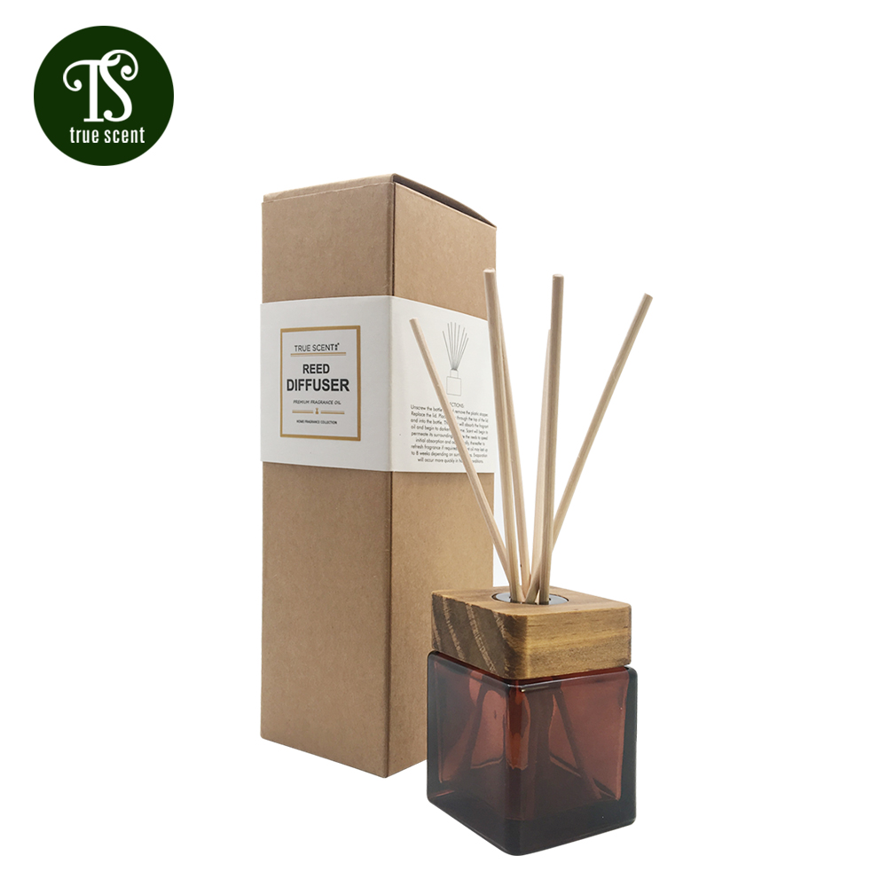 wholesale private logo 100ml wooden top amber rattan reed diffuser bottle with gift box for home fragrance and hotel air fresh