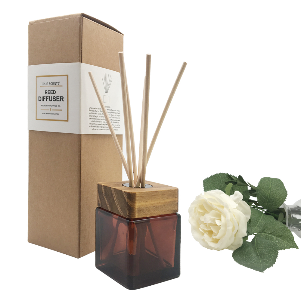 wholesale private logo 100ml wooden top amber rattan reed diffuser bottle with gift box for home fragrance and hotel air fresh
