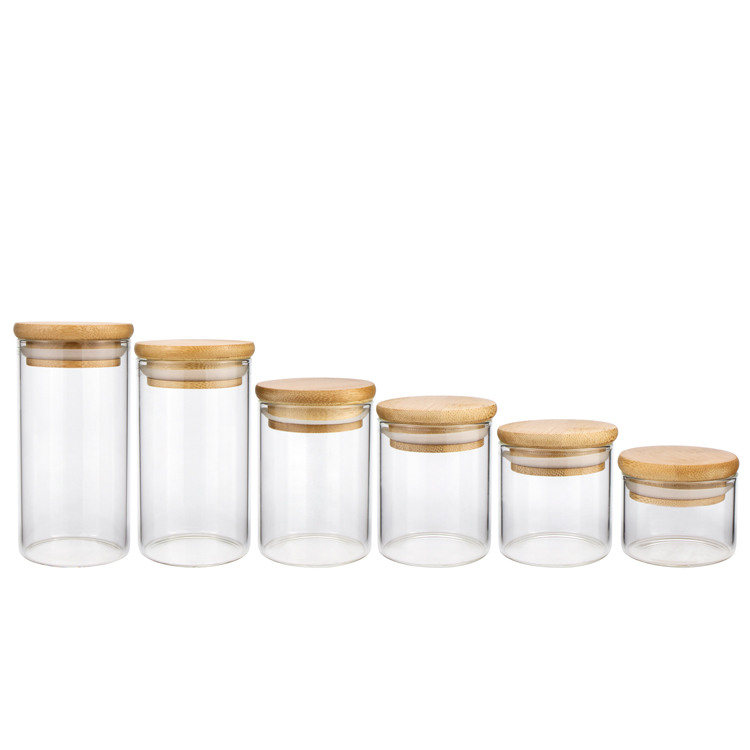 wholesale recycle 100 120 150 200 gram clear coolie containers borosilicate glass jars with bamboo lid for storage