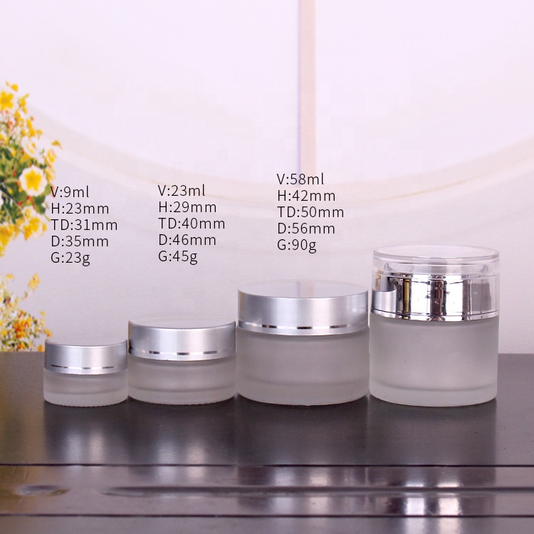 wholesale skincare packaging round frosted 50ml glass cream cosmetic jar with sliver plastic lid